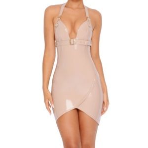 Buckle Up Plunge Halter Neck Vinyl Mini Dress